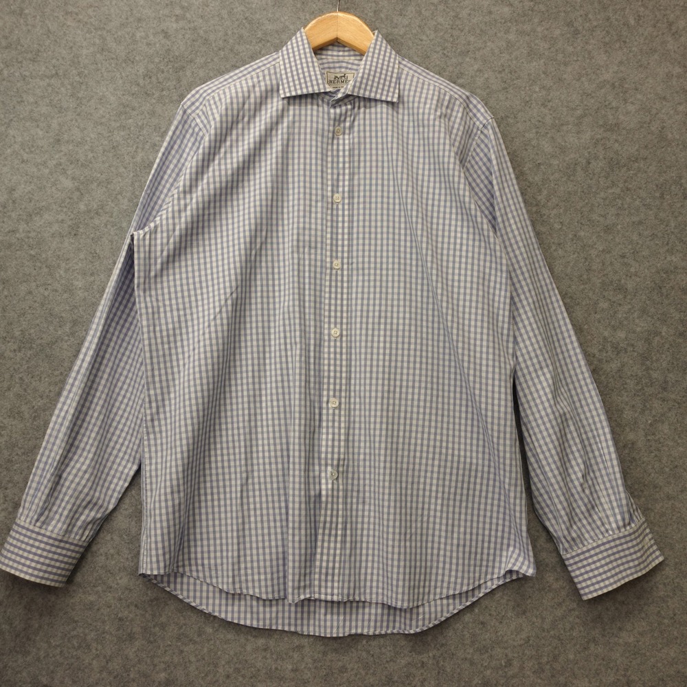 HERMES Dress Shirt Men 16 41 Blue Gingham Check French Luxury Large FRANCE